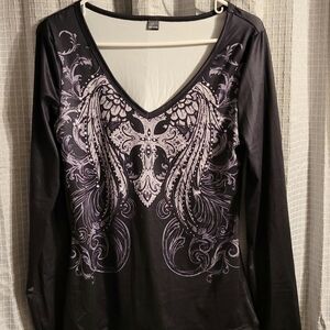 SHEIN Black and Purple Long Sleeve V-Neck Top